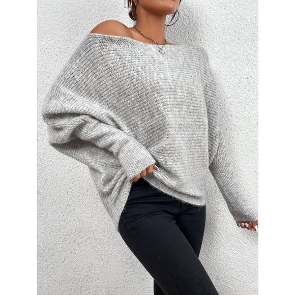 Off the Shoulder Batwing Sleeve ribbed knit soft Sweater gray - Picture 3 of 6